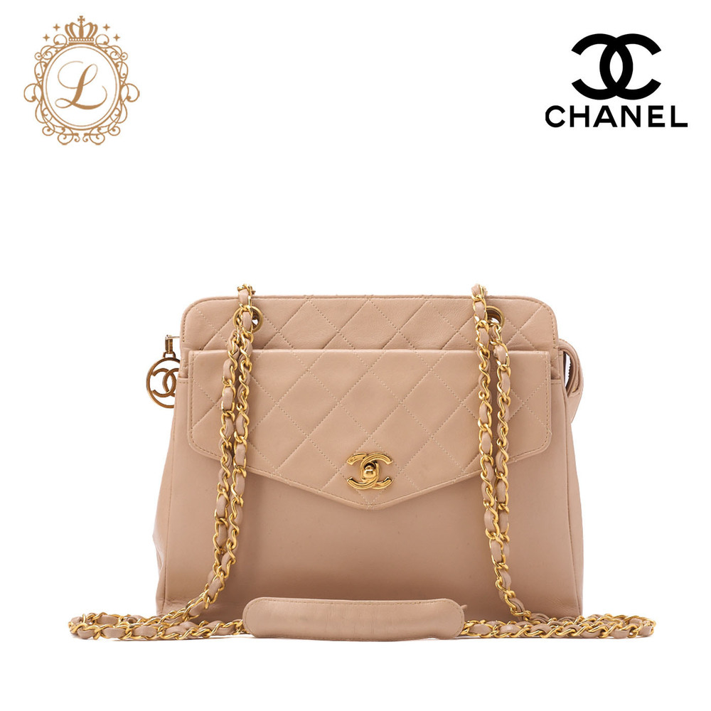 Chanel Chain Shoulder Bag Outside Flap Circle Coco Charm Beige Lambskin